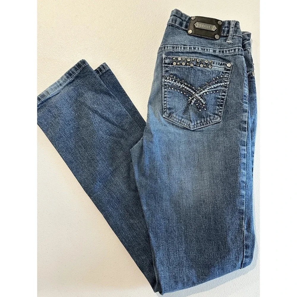 Tru Luxe Jeans Womens Denim Mid‎ Rise Stretch Embellished Pocket Blue Size 27/4